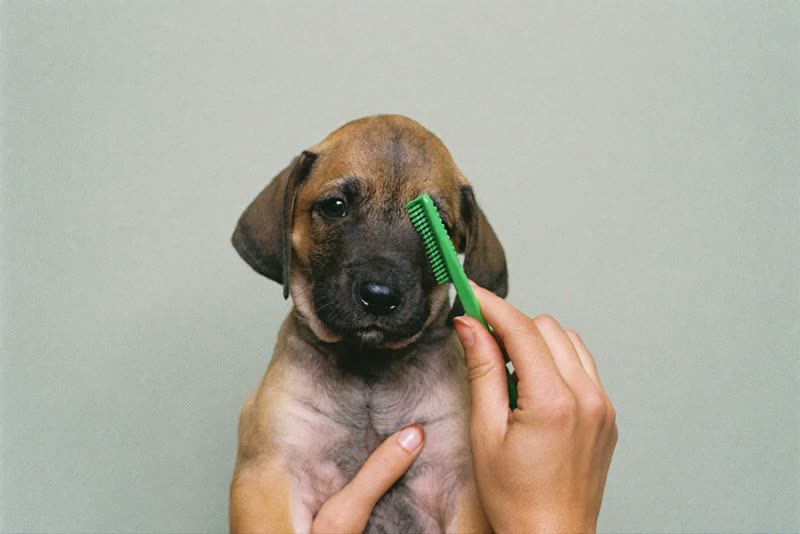 A puppy having a first gentle groom